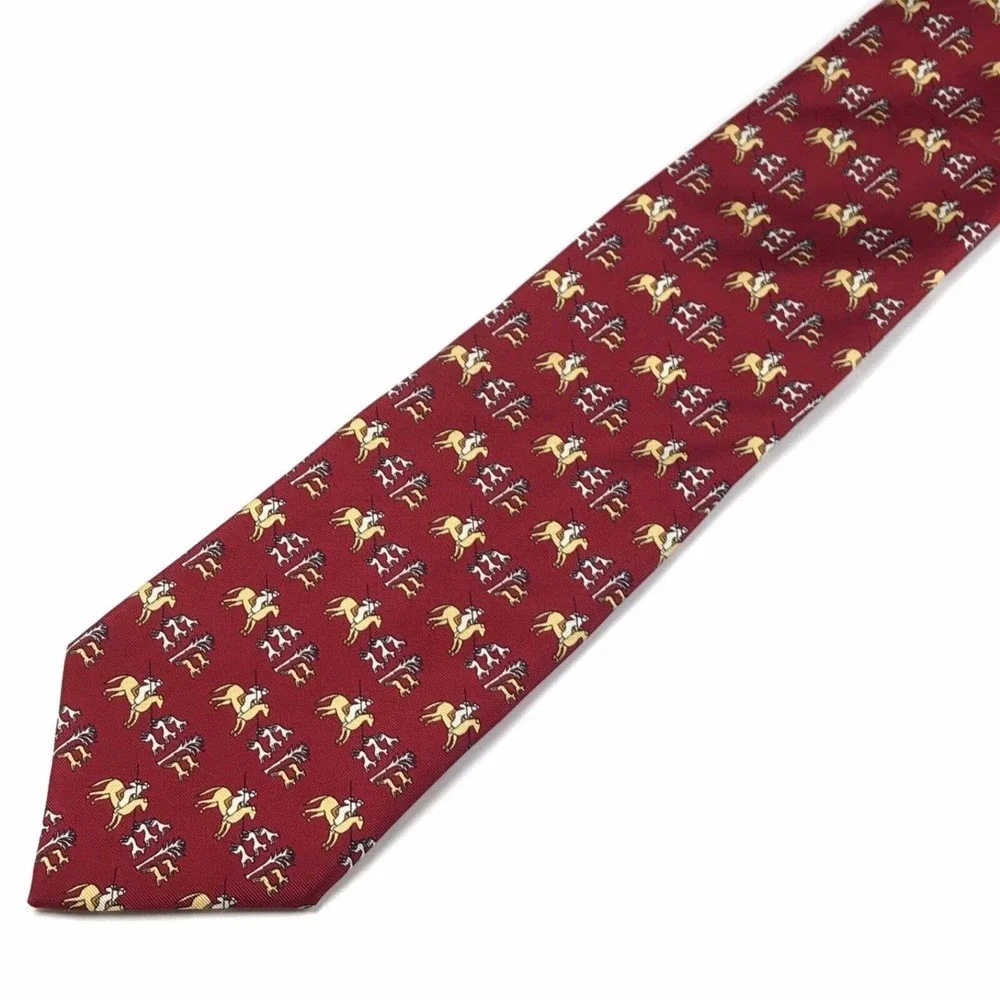 Museo Del Prado 2000 Silk Necktie Horse Hunter Hounds Bulls Equestrian Red Italy